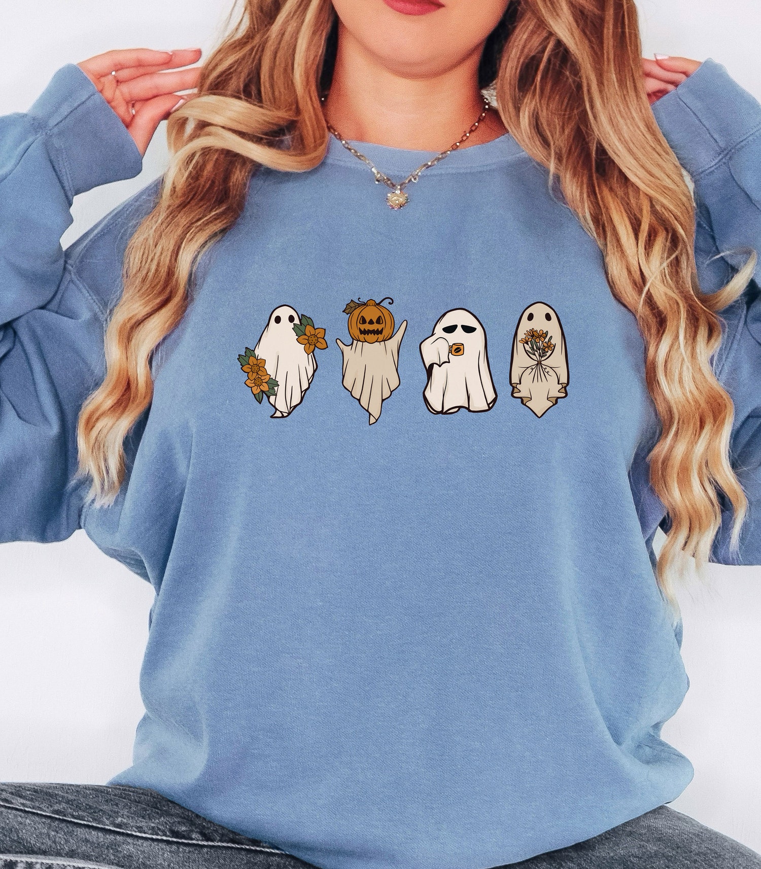 Halloween Cute Ghost Sweatshirt - Funny Pumpkin Spice Shirt - Women's Fall Spooky Season Sweater image 1