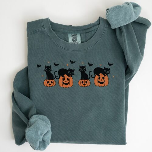 Retro Halloween Cat Ghost Sweatshirt | Spooky Season Black Cat Shirt image 0