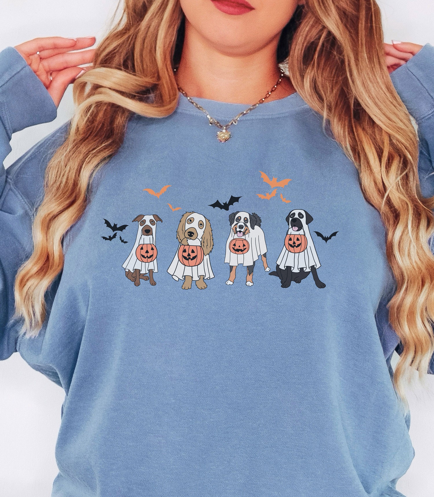 Halloween Sweatshirt Retro Spooky Season Ghost & Dog Happy Halloween Sweater image 2