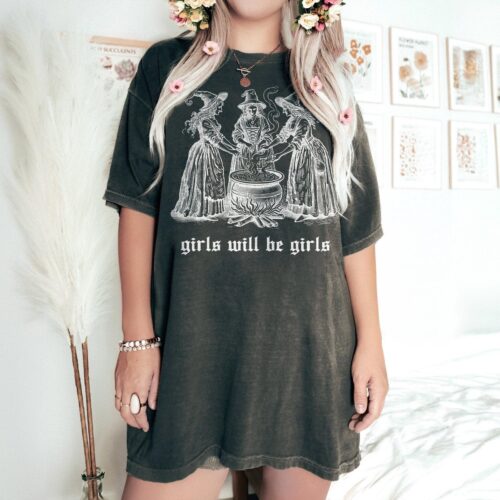 Girls Will Be Girls Witch Shirt - Vintage Halloween Feminist Tee image 0