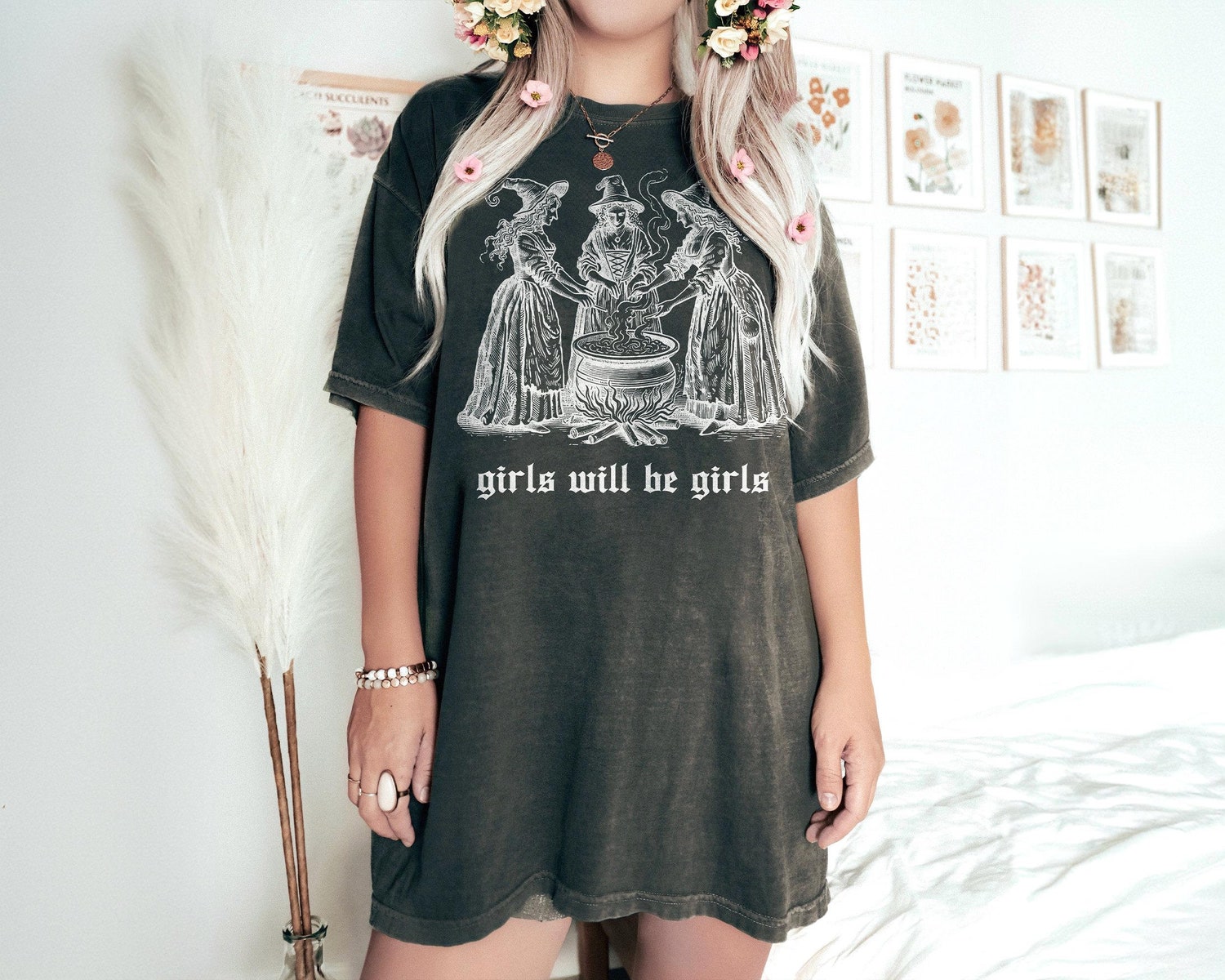 Girls Will Be Girls Witch Shirt - Vintage Halloween Feminist Tee image 0
