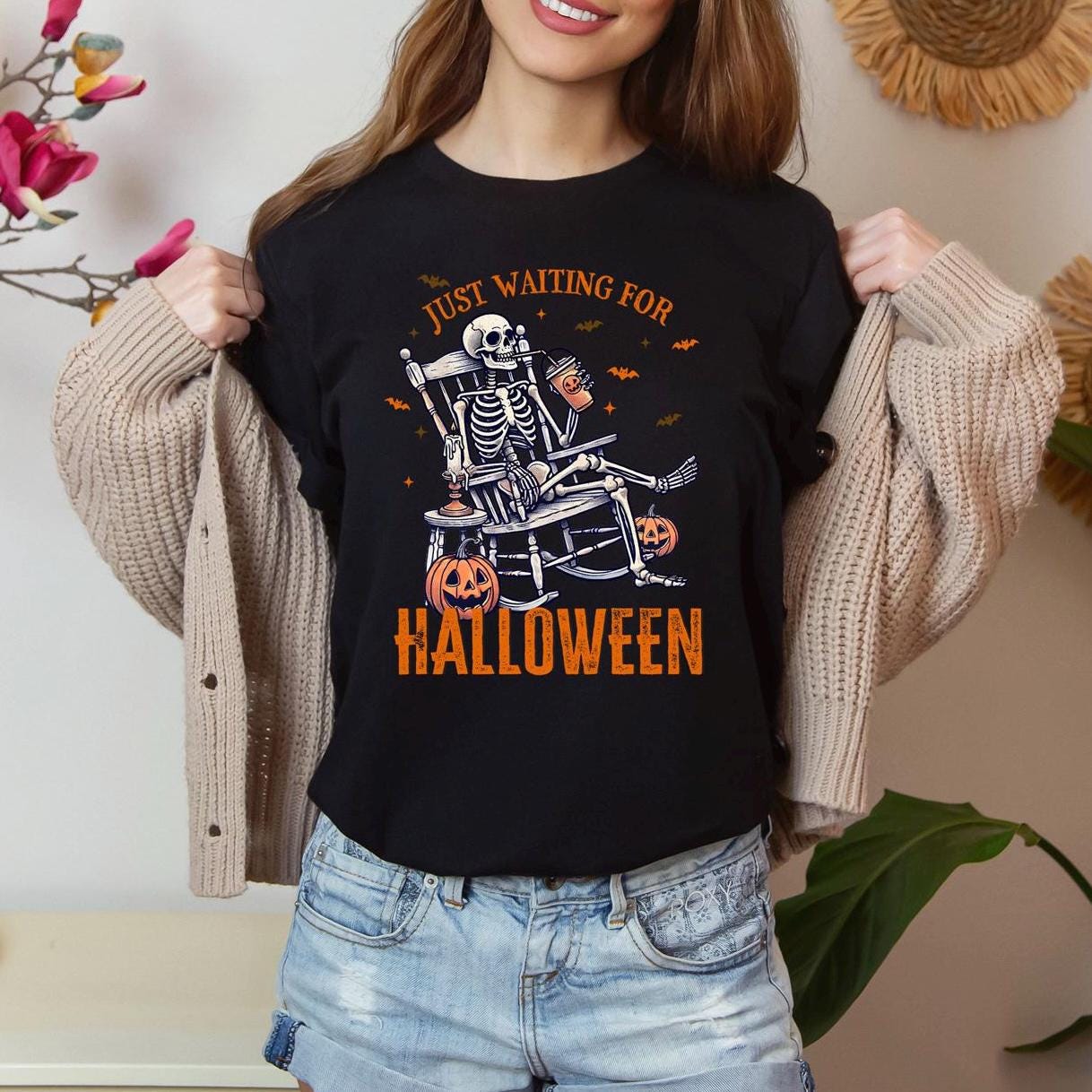 Funny Halloween Skeleton Shirt | Just Waiting For Halloween | Horror Scary Tee image 1