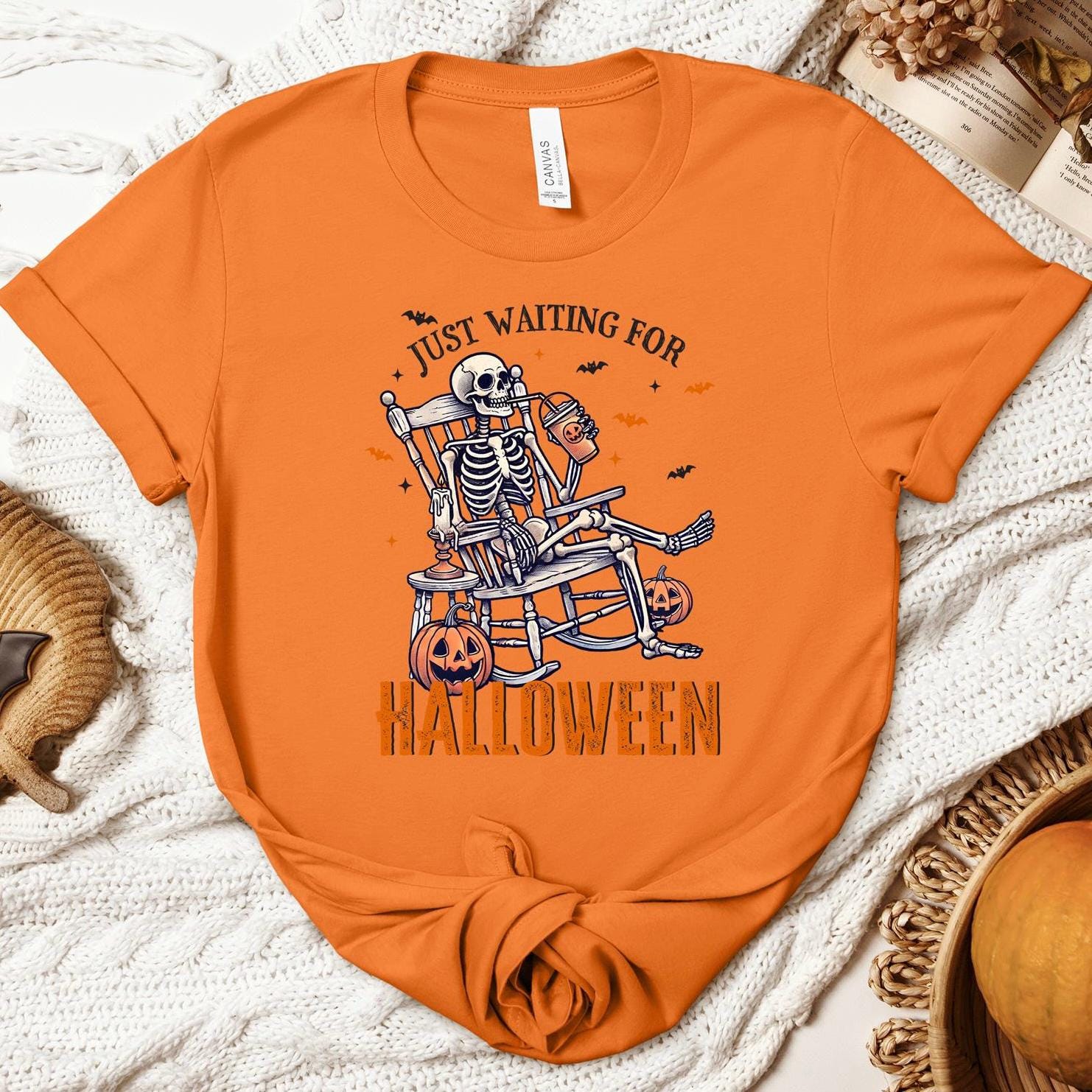 Funny Halloween Skeleton Shirt | Just Waiting For Halloween | Horror Scary Tee image 2