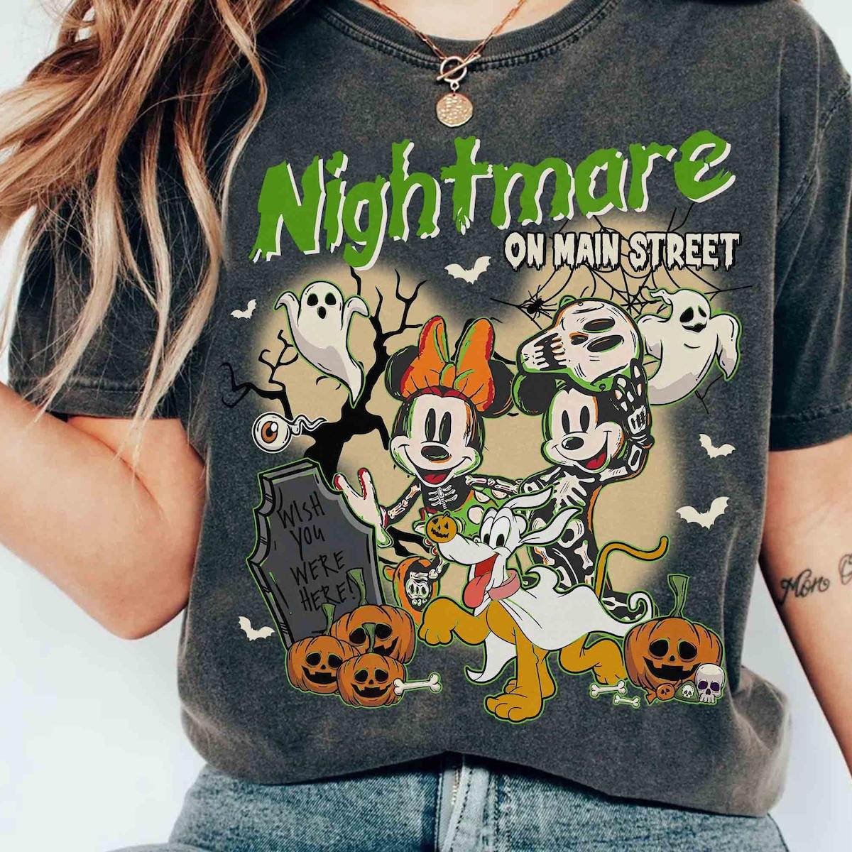 Nightmare On Main Street Mickey Minnie Skeleton Halloween Shirt Couple Halloween Tee image 1